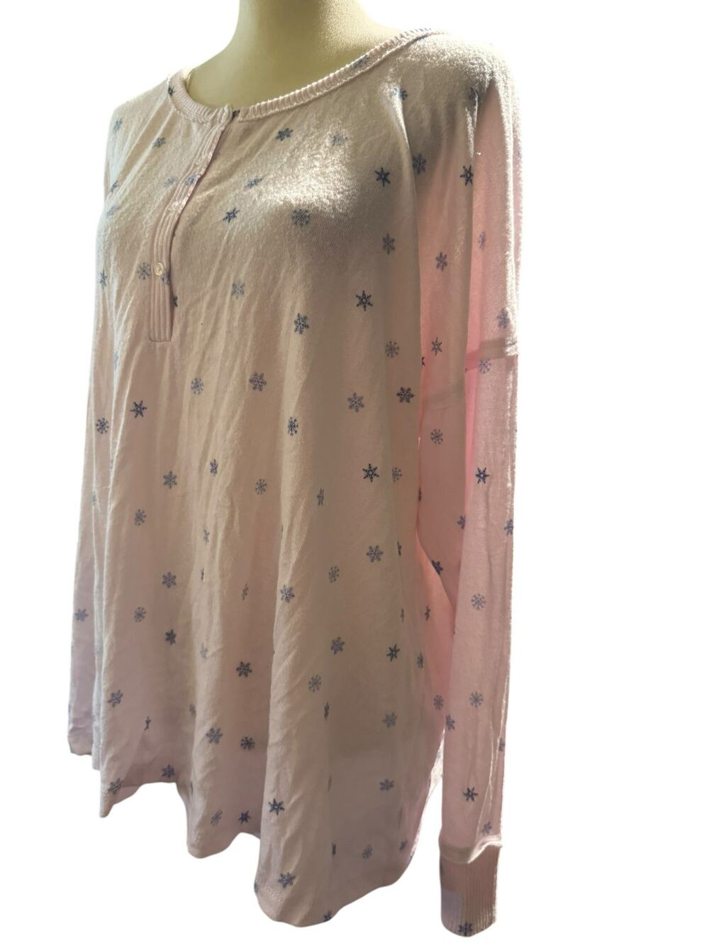 Bobeau Snowflake Henley Pajama Top, Pink Blue Soft Lounge Shirt, Plus Size 2X